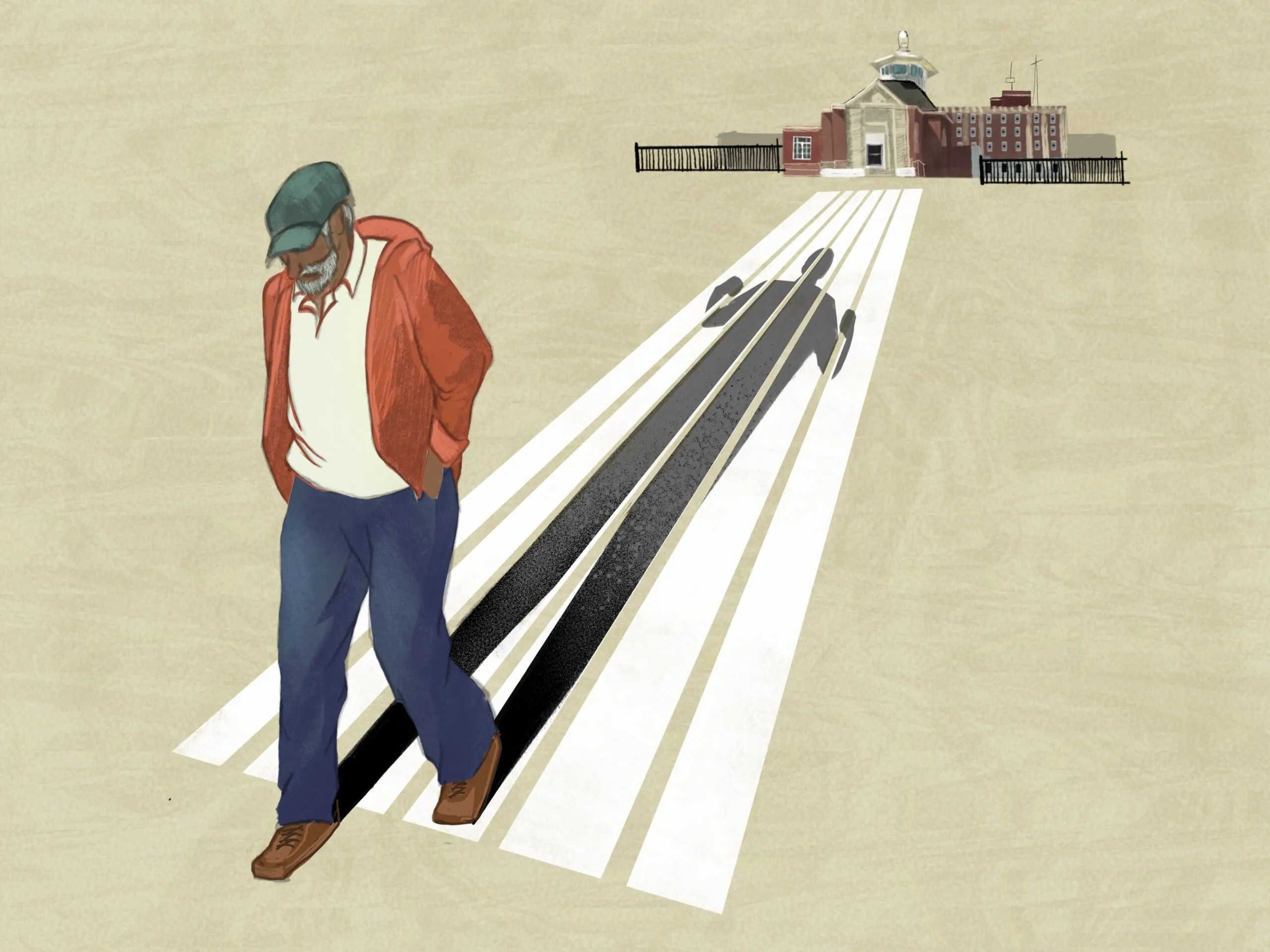 Man walking away from a prison, his shadow is behind bars.